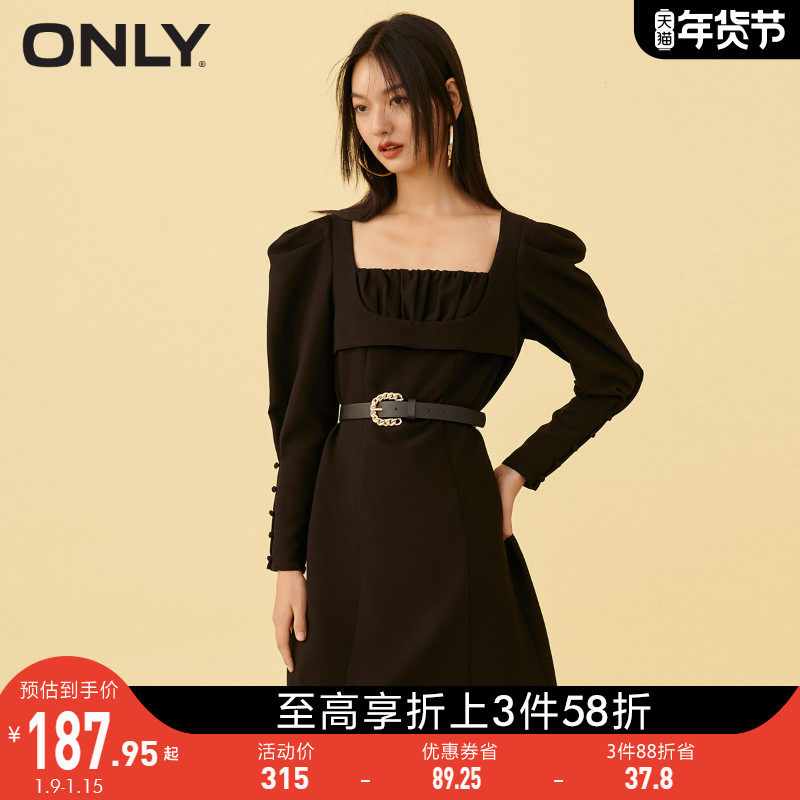ONLY2021冬季新款方领泡泡袖A字设计感短款连衣裙女