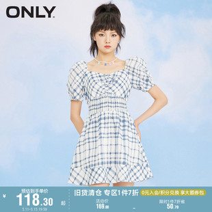 ONLY奥莱夏季 收腰显瘦气质方领格子连衣裙女 短款