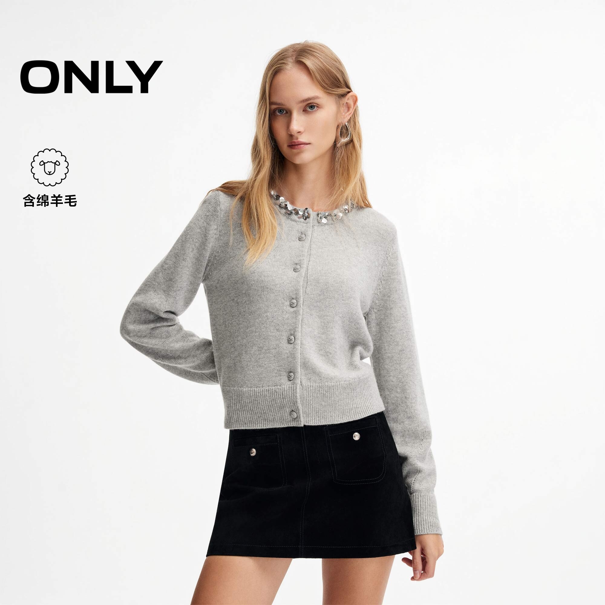 ONLY亮片花朵装饰圆领毛衣针织衫