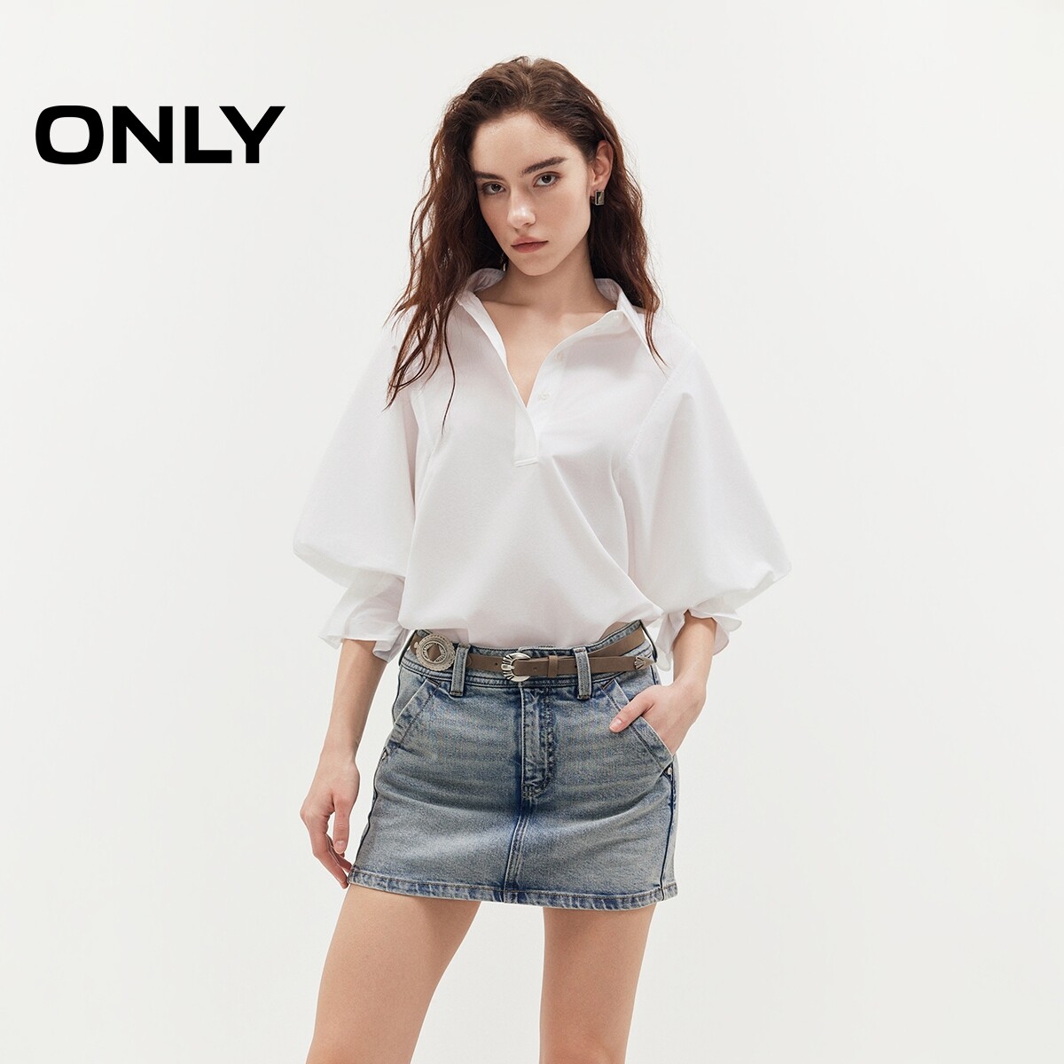 ONLY上衣泡泡袖花瓣袖口衬衫