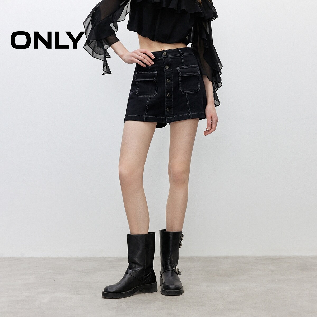 【ONLY奥莱】夏季复古水洗高腰排扣显瘦A字口袋裙裤短裤牛仔裤女