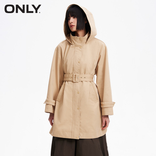 【ONLY奥莱】秋冬时尚通勤开叉中长款连帽风衣外套女