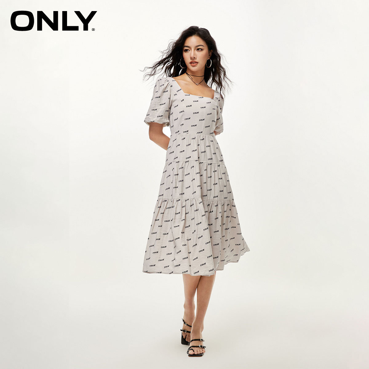 【ONLY奥莱】春夏新款法式复古收腰显瘦中长裙碎花连衣裙女