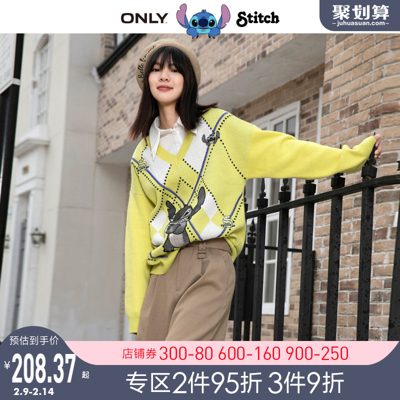 ONLY2021史迪奇联名短款宽松V领针织衫毛衣女|121113025