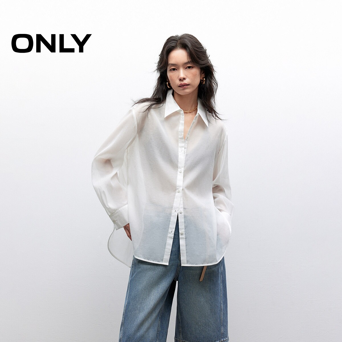 ONLY宽松落肩轻薄翻领长袖衬衫
