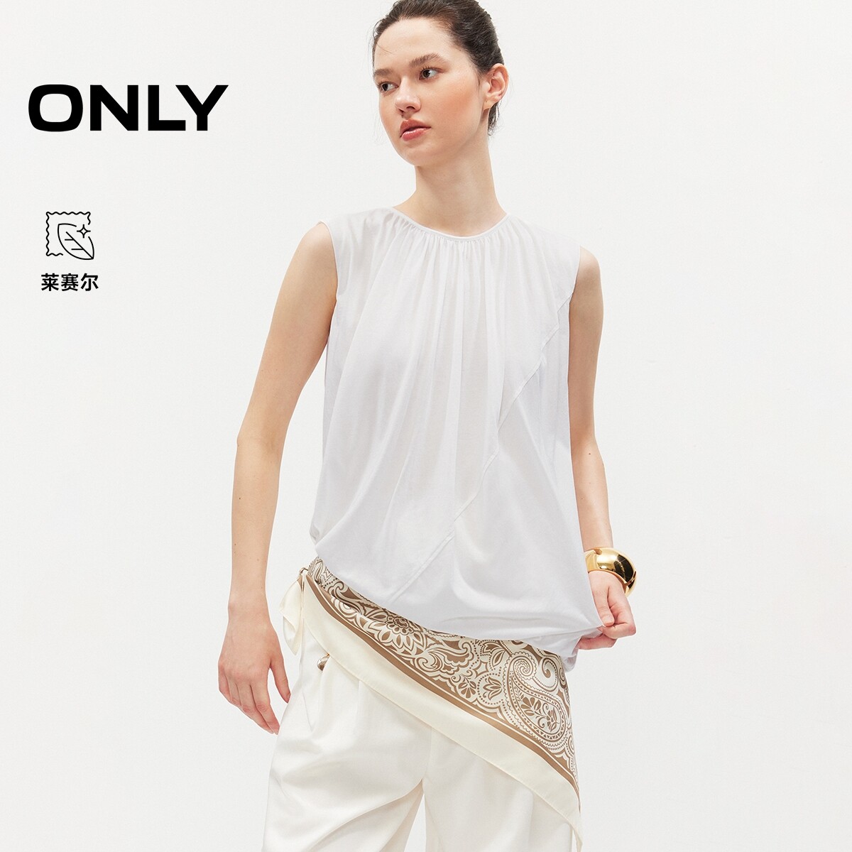 ONLY斜裁花苞底摆无袖圆领T恤