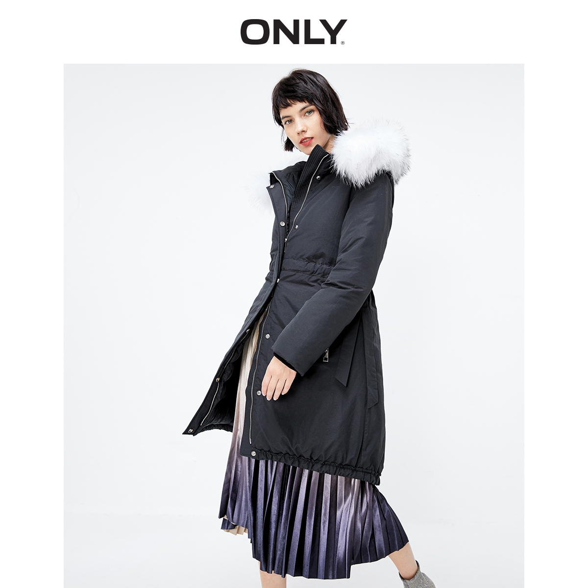 ONLY冬季黑色收腰休闲毛领白鸭绒长款羽绒服女|119412504