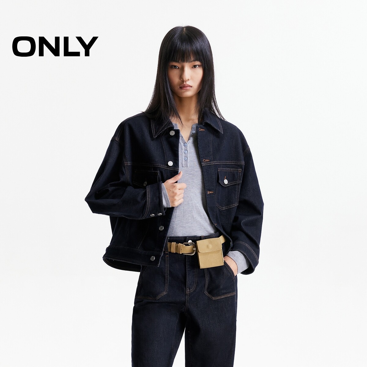 【ONLY奥莱】春夏新款酷飒翻领撞色双缝线设计落肩宽松牛仔外套女