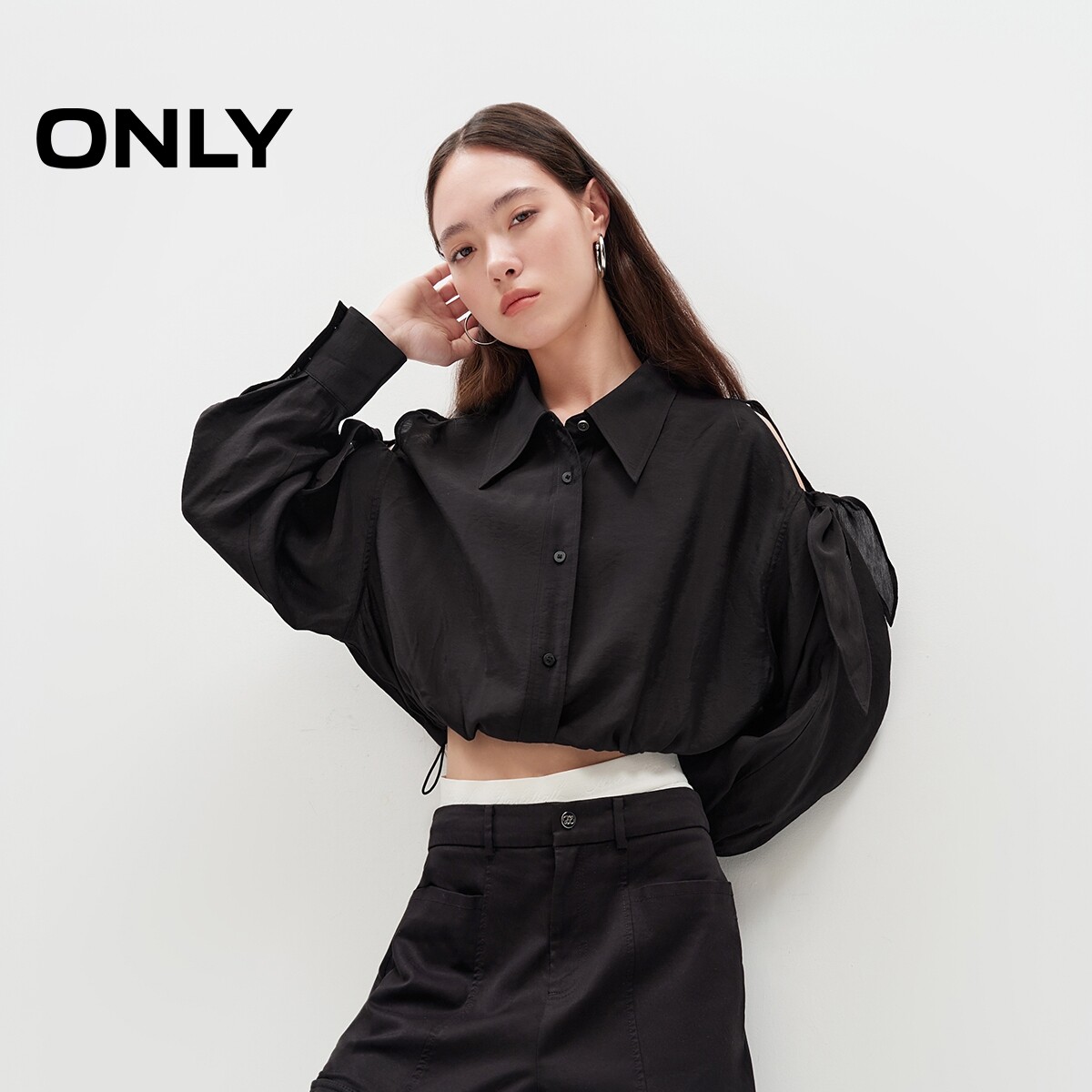ONLY露肩短款翻领长袖衬衫