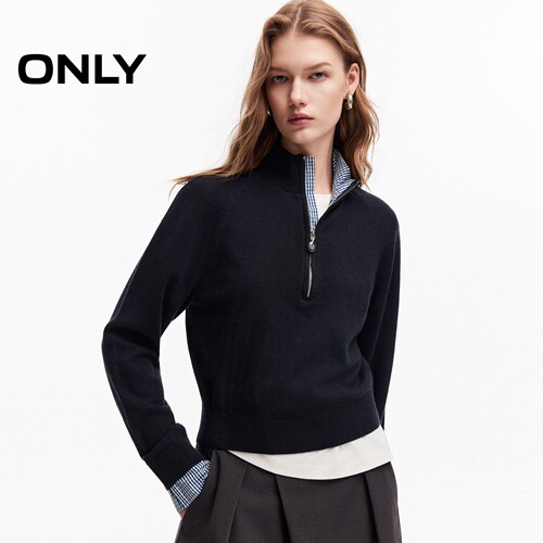 ONLY含羊毛格纹拼接假两件针织衫