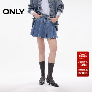 ONLY2025秋冬新款甜美减龄腰带装饰A字百褶高腰短裙牛仔半身裙女