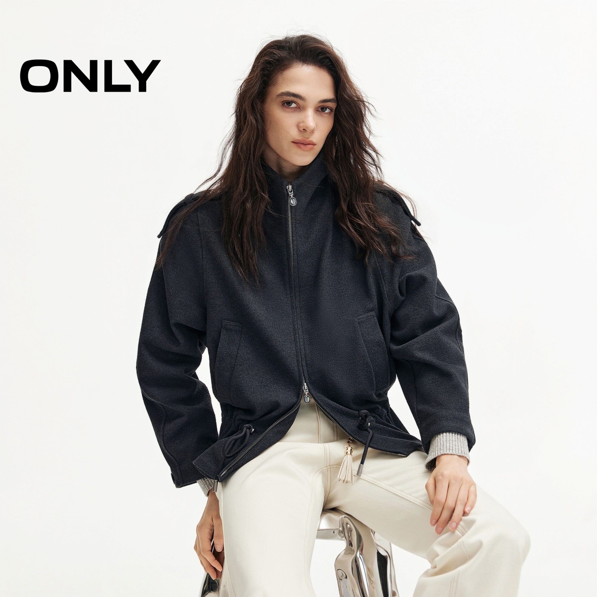 ONLY含羊毛流苏刺绣抽绳风衣外套