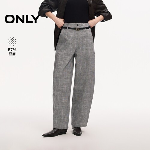ONLY亚麻格纹高腰弯刀裤休闲裤女