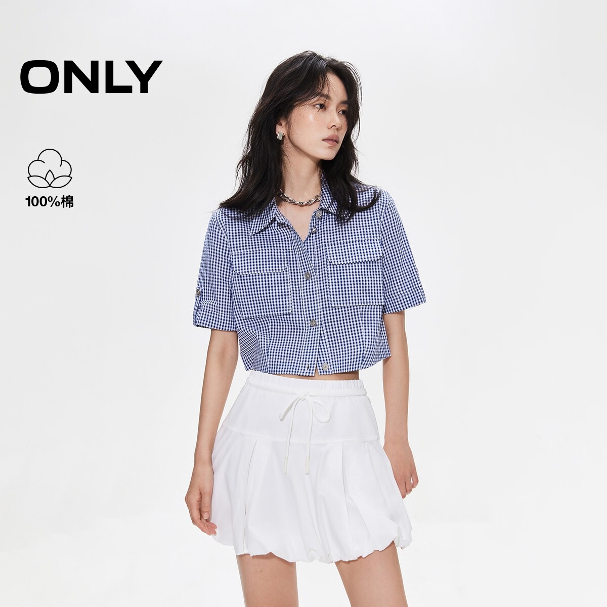 【ONLY奥莱】春夏款清新格纹短款箱型直筒实用口袋翻领短袖衬衫女