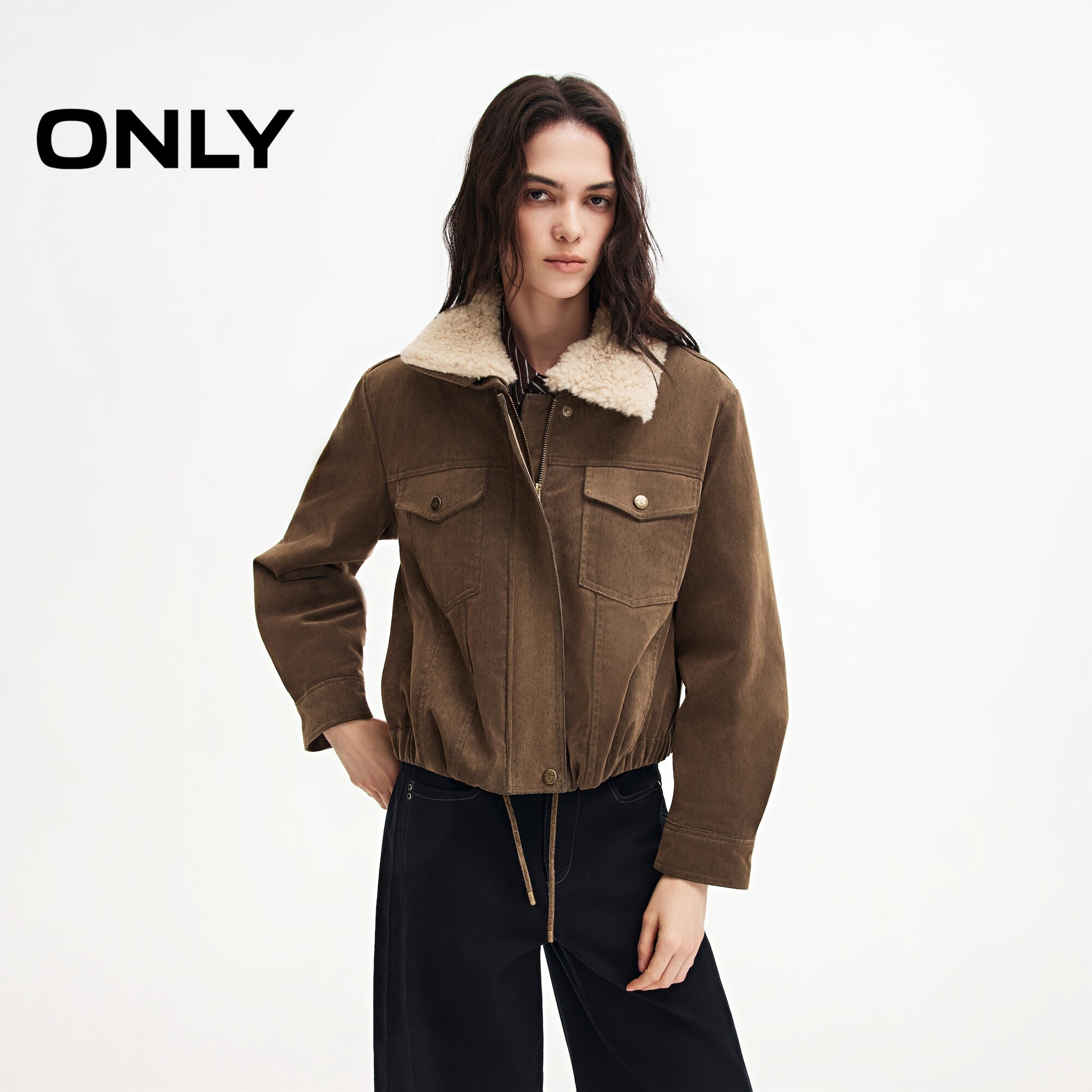 ONLY可拆卸毛领宽松廓形棉服外套