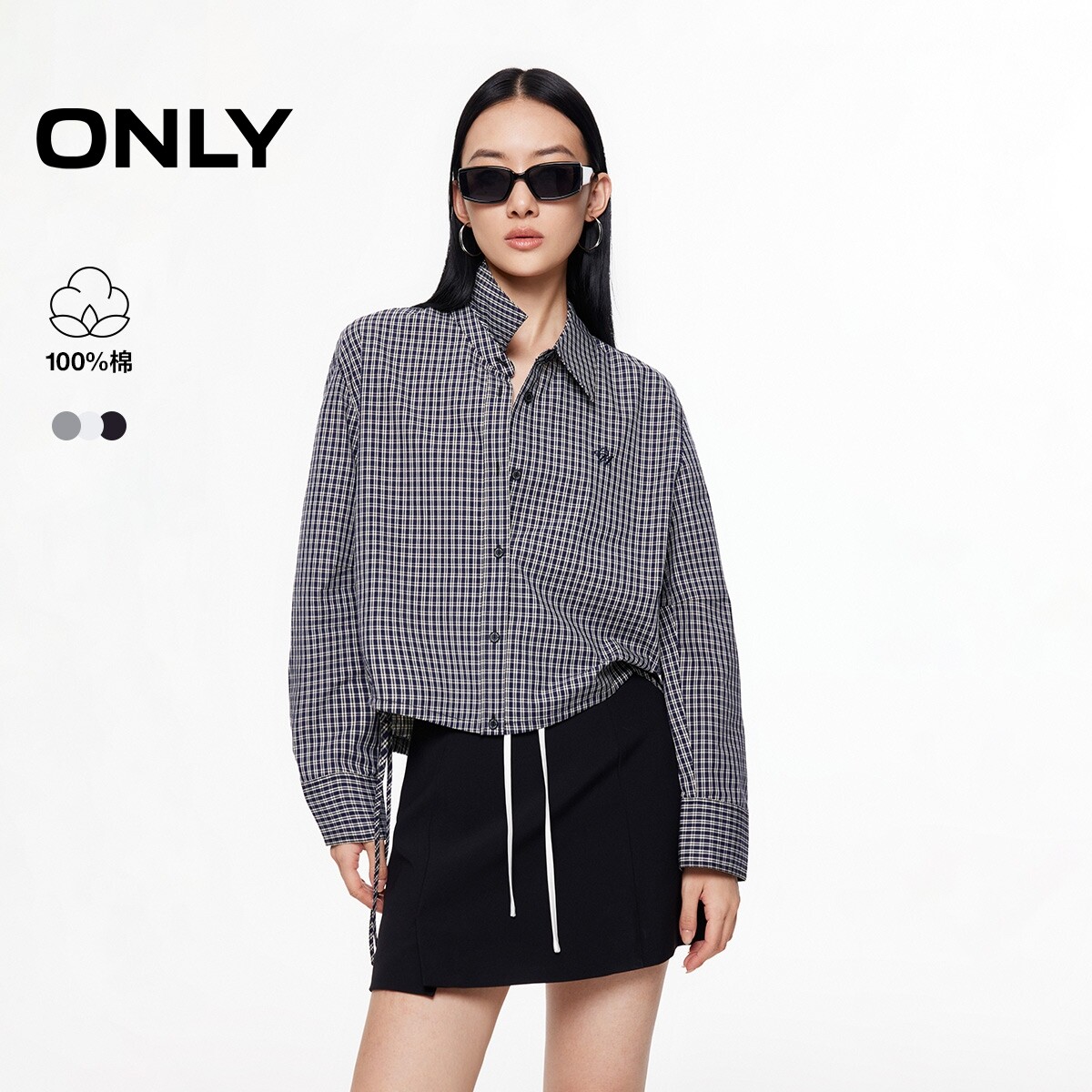 【ONLY奥莱】春夏文艺风刺绣装饰格子正肩翻领小个子短款衬衫女