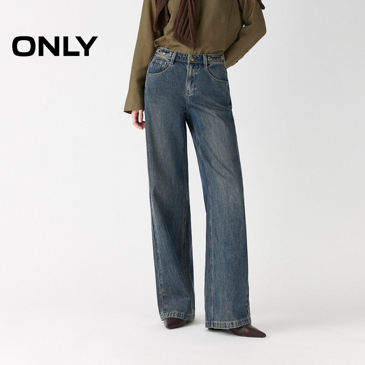 【ONLY奥莱】春夏时尚腰侧品牌定制腰扣高腰直筒裤长裤牛仔裤女