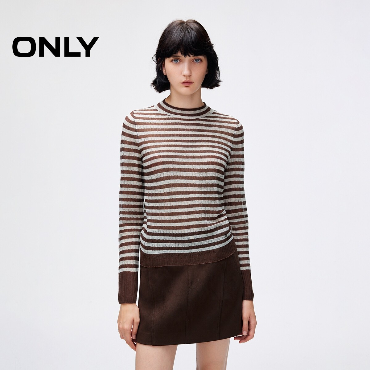 【ONLY奥莱】春夏智性经典条纹薄款微透圆领正肩打底毛衣针织衫女