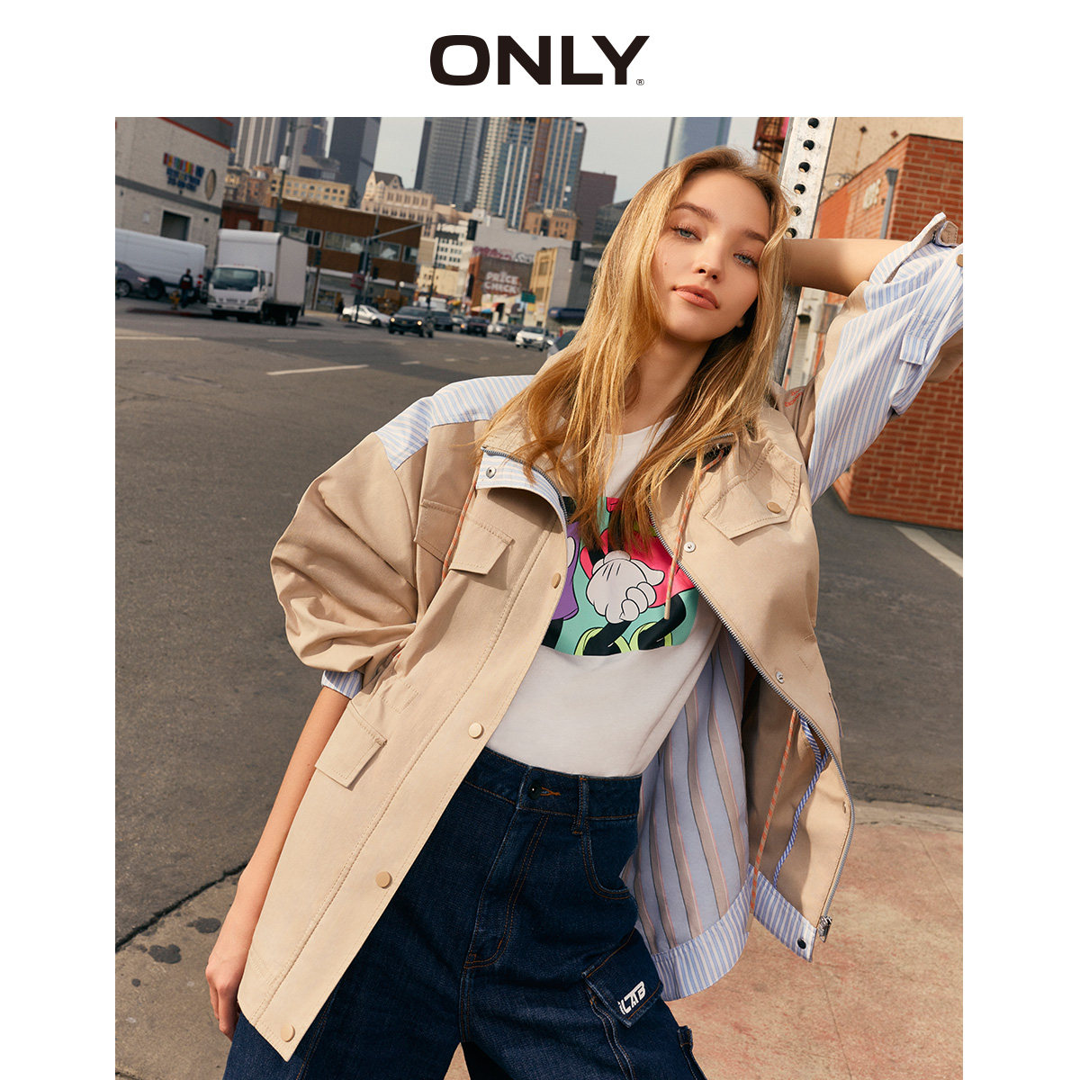 ONLY奥莱秋季新款条纹拼接休闲潮流宽松薄款外套女|120136577