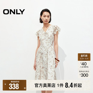 荷叶袖 修饰肩颈线条法式 春季 淡雅印花V领连衣裙女 ONLY奥莱