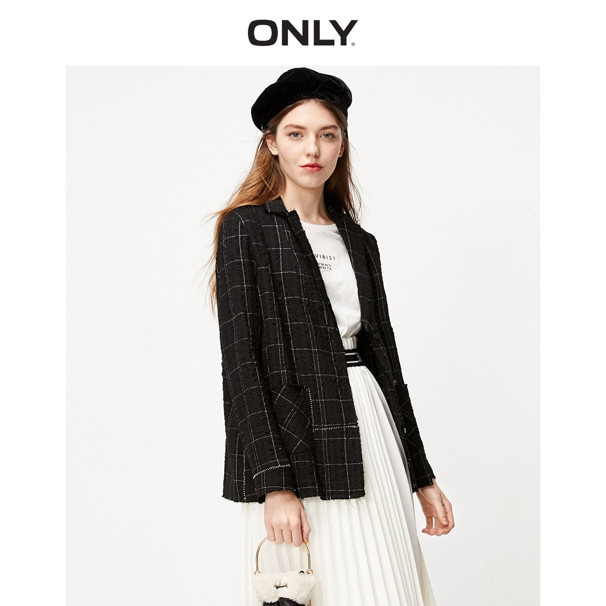 ONLY奥莱秋季新款宽松格子毛边薄西装外套女|119308540