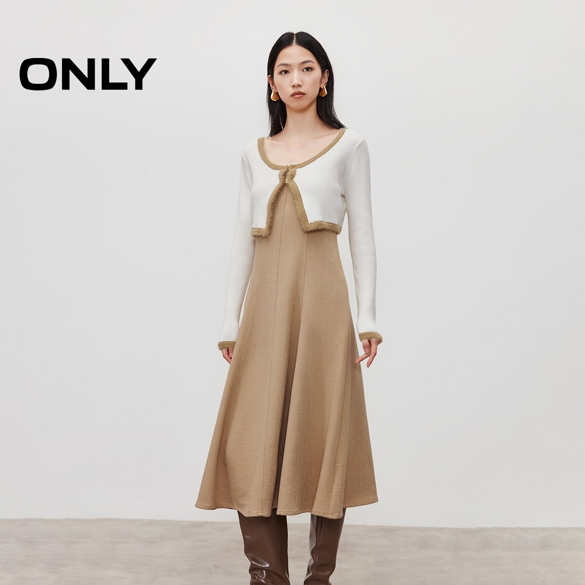 【小香风套装裙】ONLY奥莱秋季新款气质长袖针织A字吊带连衣裙女