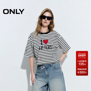 ONLY2025夏季新款精致爱心刺绣复古印花落肩圆领短款宽松T恤女