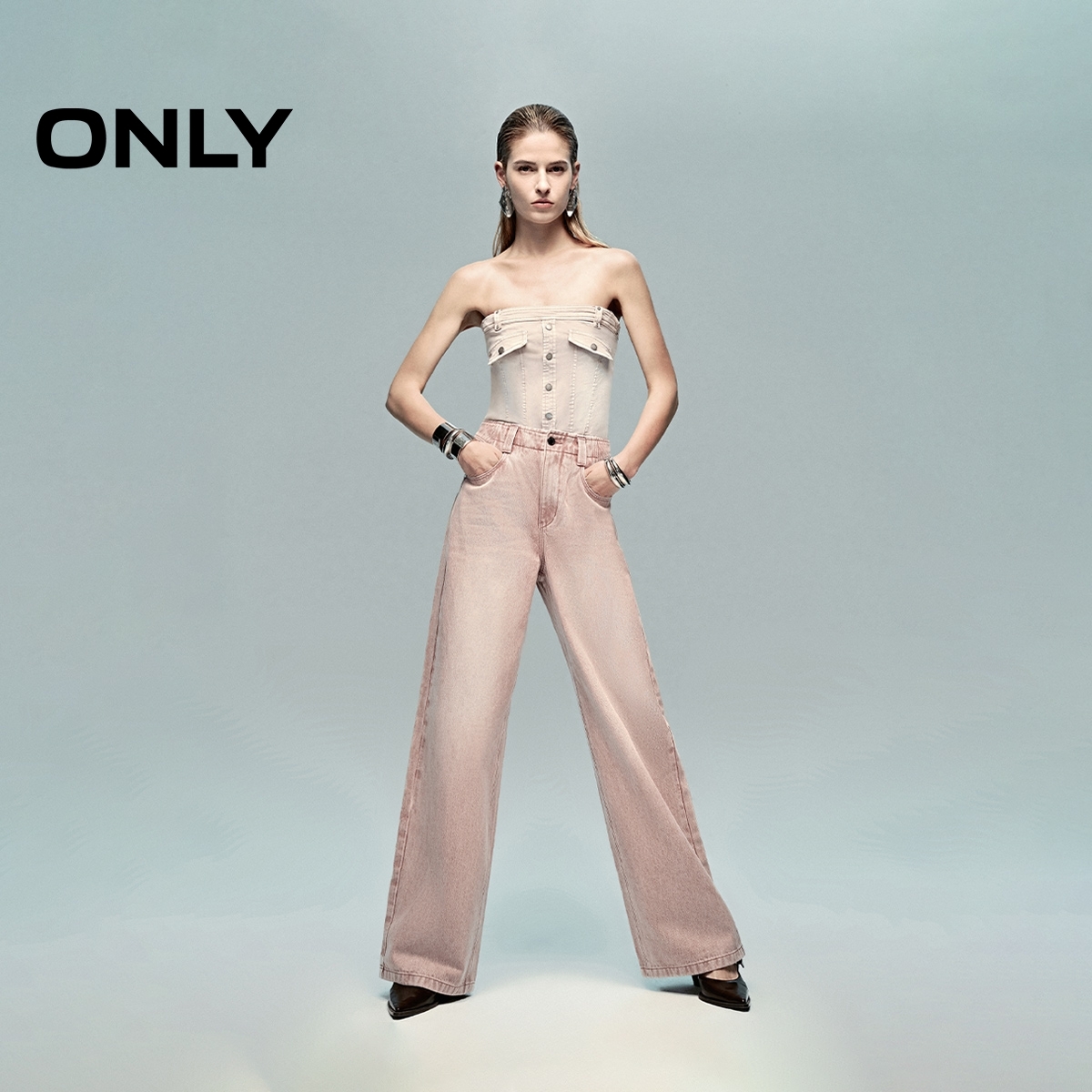 做旧高腰宽松直筒裤牛仔裤ONLY