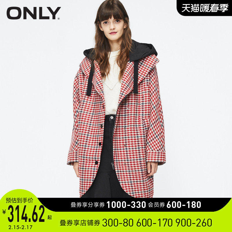 ONLY奥莱复古翻领千鸟格中长款毛呢大衣女|11934S501