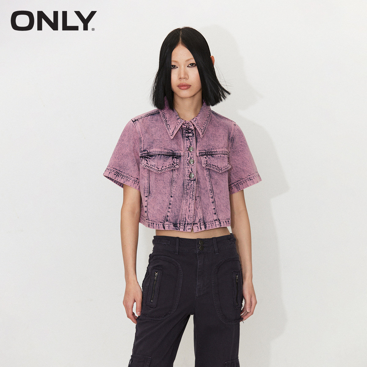 【ONLY奥莱】春夏新款复古潮流短袖翻领短款牛仔衬衫女