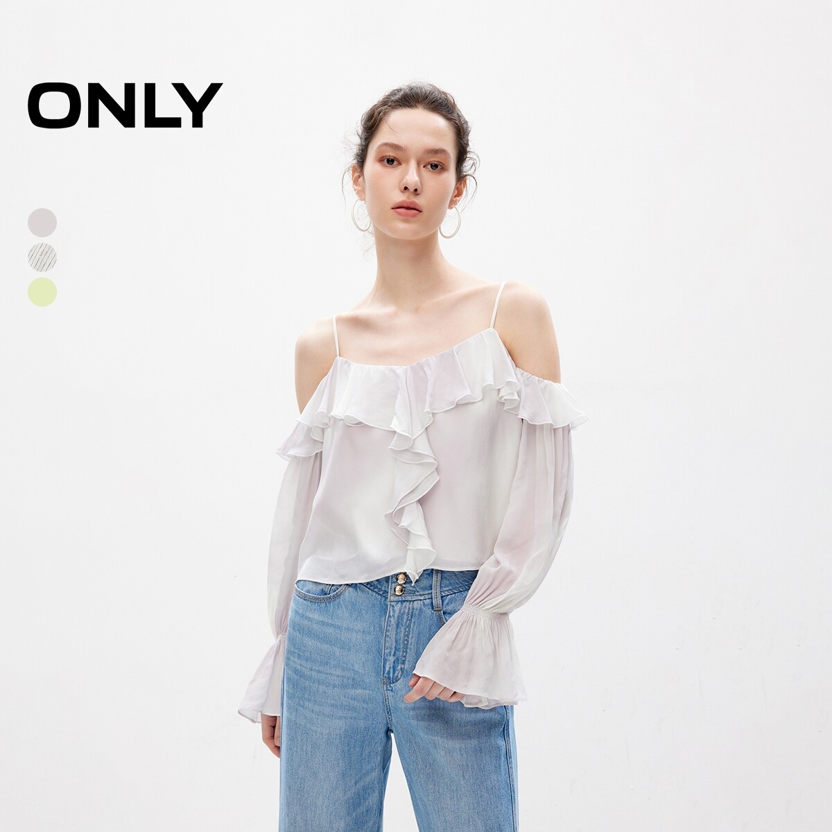 【ONLY奥莱】夏季新款时尚设计感露肩喇叭袖荷叶边蕾丝衫女