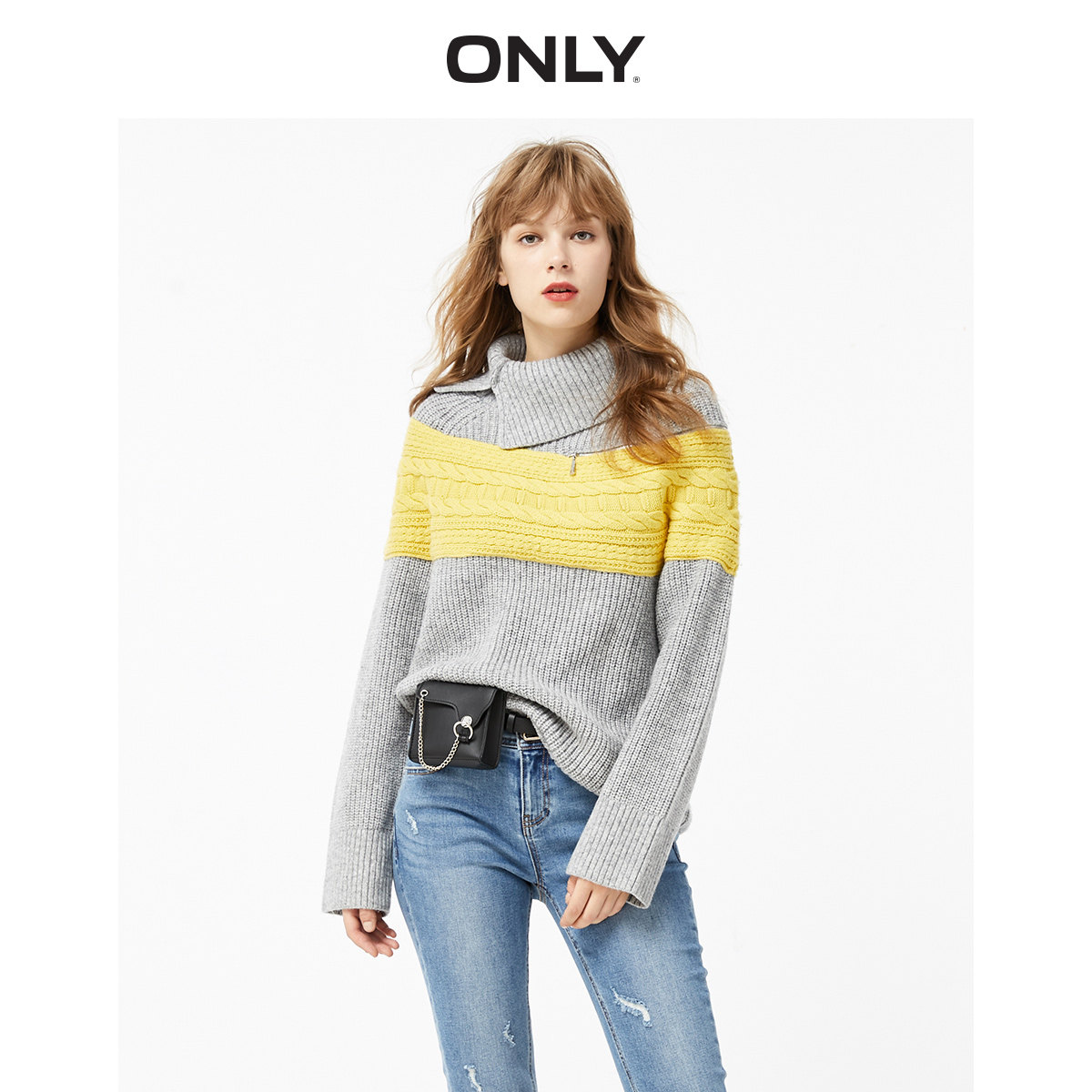 ONLY奥莱秋季新款洋气撞色拼接舒适毛衣针织衫女|119413540