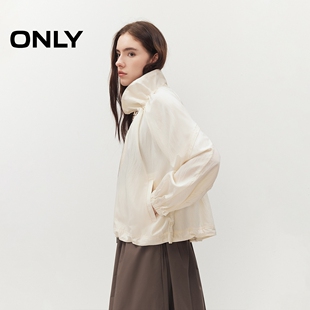 ONLY2026春季 插肩剪裁抽褶花边立领廓形纯色下摆风衣外套女 新款