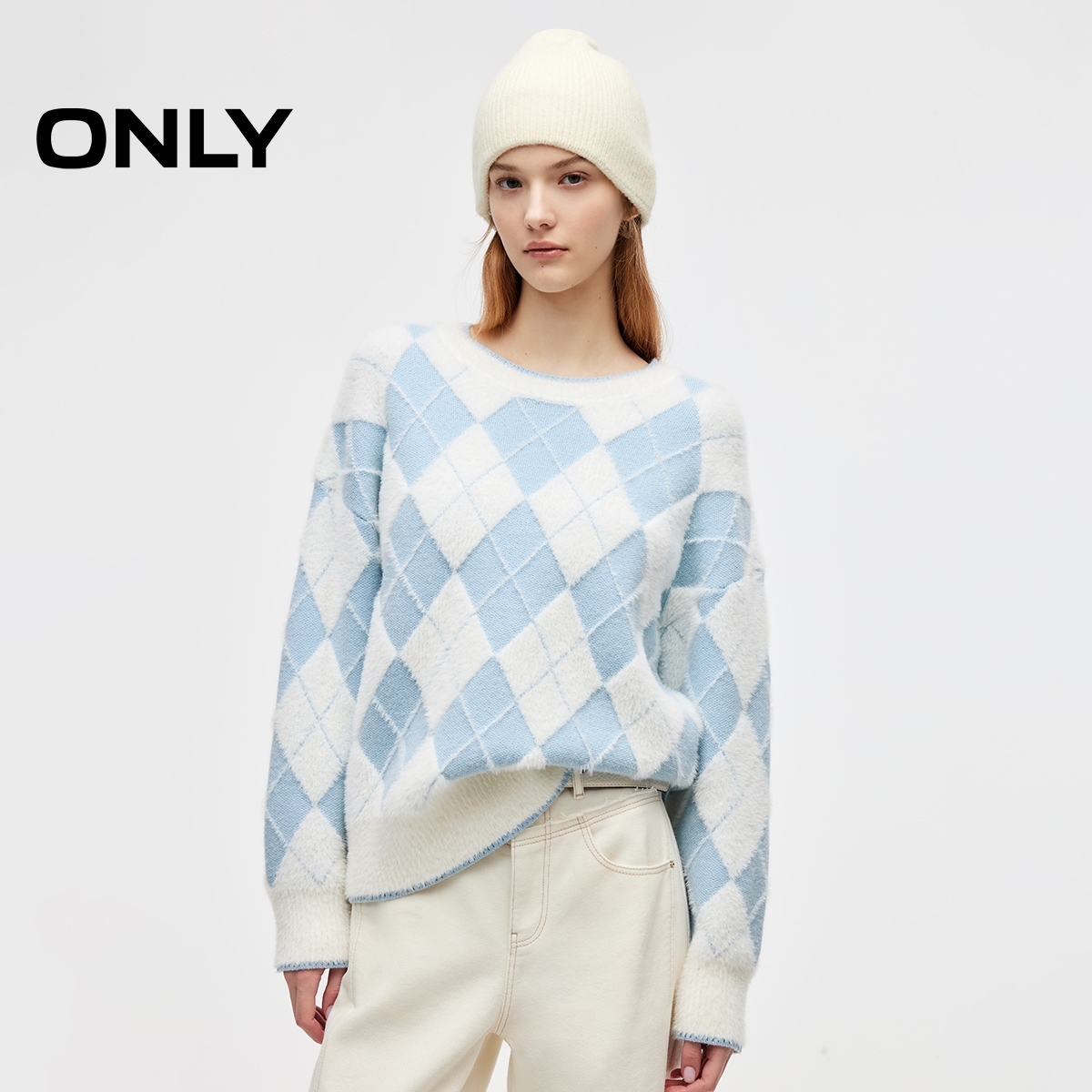 ONLY圆领长袖菱形格针织衫