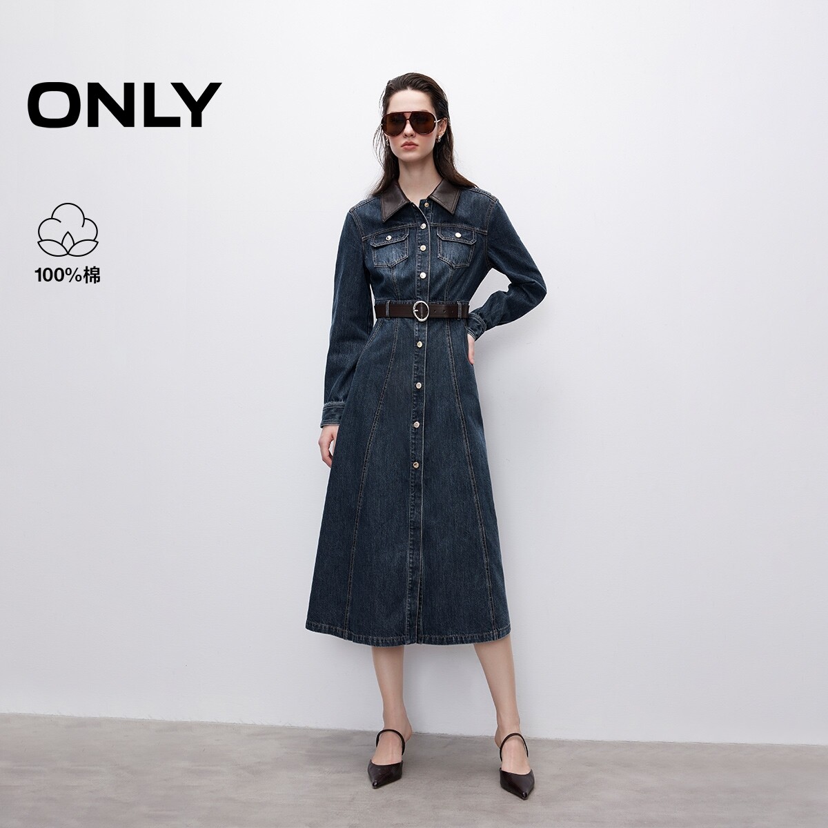 【ONLY奥莱】秋冬新款做旧洗水修身中长裙长袖翻领牛仔裙连衣裙女