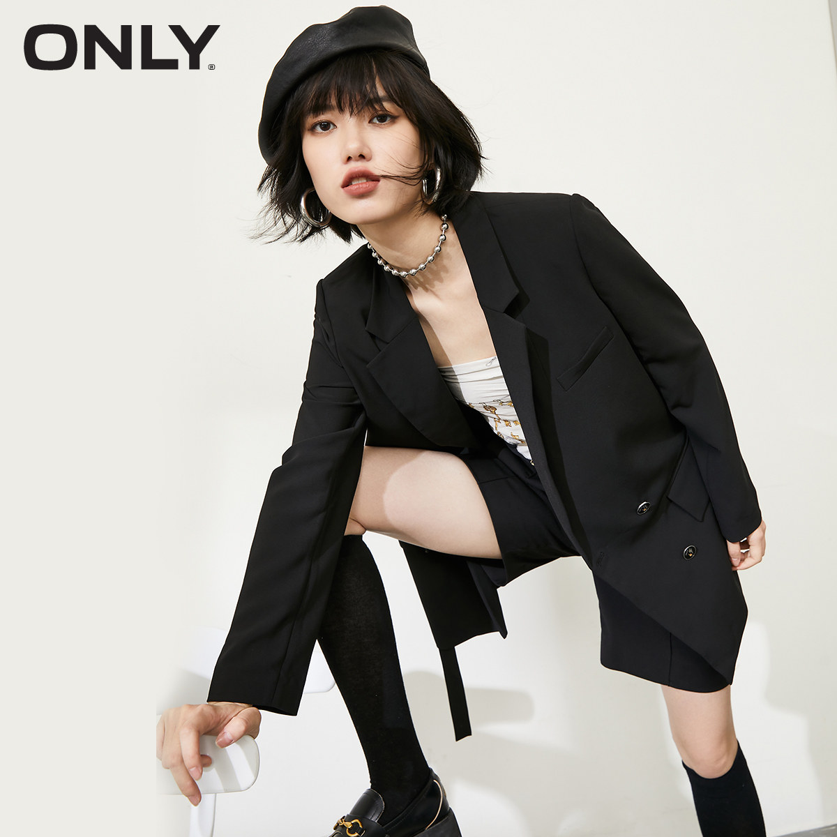 ONLY奥莱清仓秋季新款中长款宽松休闲垫肩西装外套女|120308013