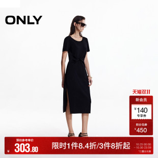 圆领扭结显瘦纯色中长款 小黑裙短袖 连衣裙女 新款 ONLY奥莱2025夏季