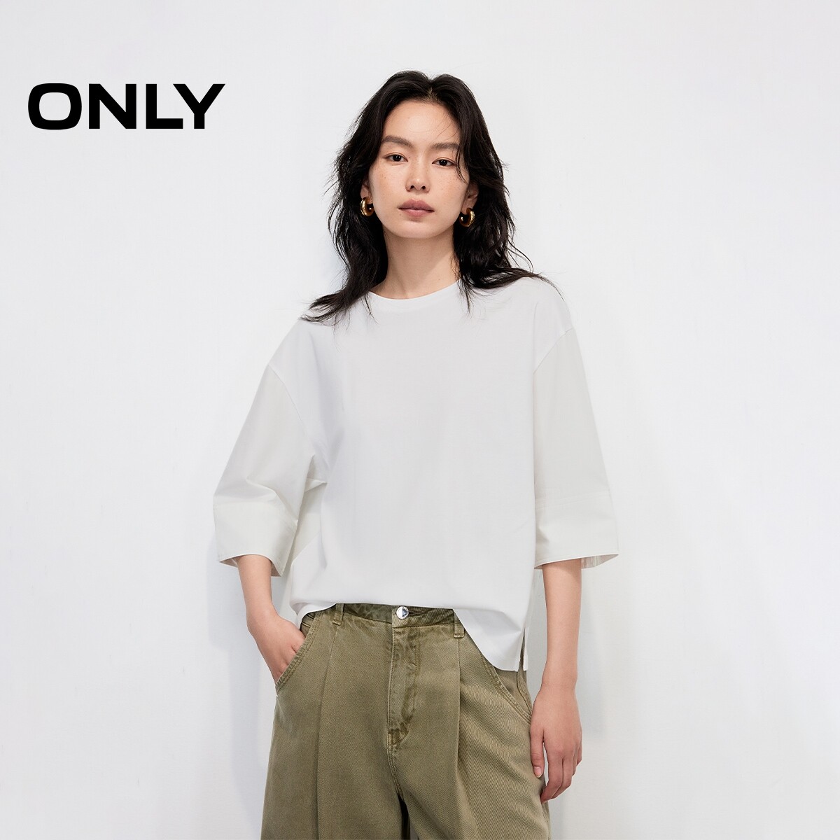 【ONLY奥莱】夏季款拼接落肩衬衫袖螺纹圆领五分袖纯色宽松T恤女