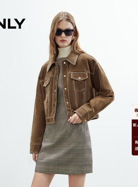 【ONLY奥莱】春季新款巴恩风利落挺阔明线设计复古短款皮衣外套女