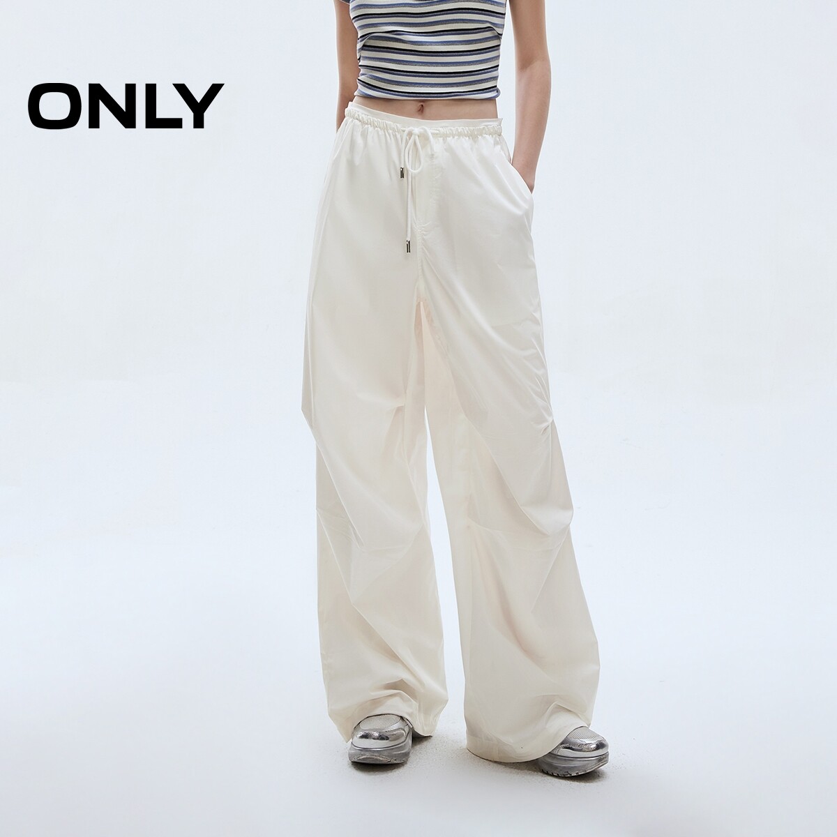 【ONLY奥莱】春夏抽褶设计抽绳高腰宽松阔腿长裤降落伞裤休闲裤女