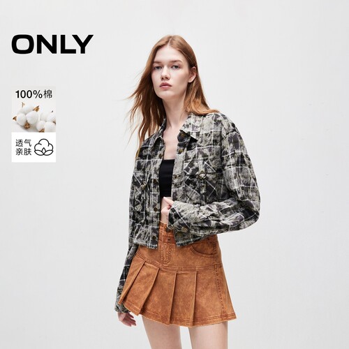ONLY拼接口袋翻领长袖短款衬衫