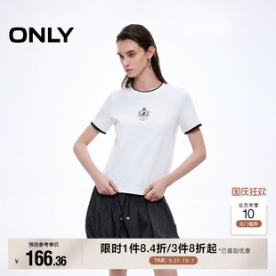 休閑層次拼接顯瘦箱型版 型學院風刺繡正肩T恤女 新款 ONLY2025夏季