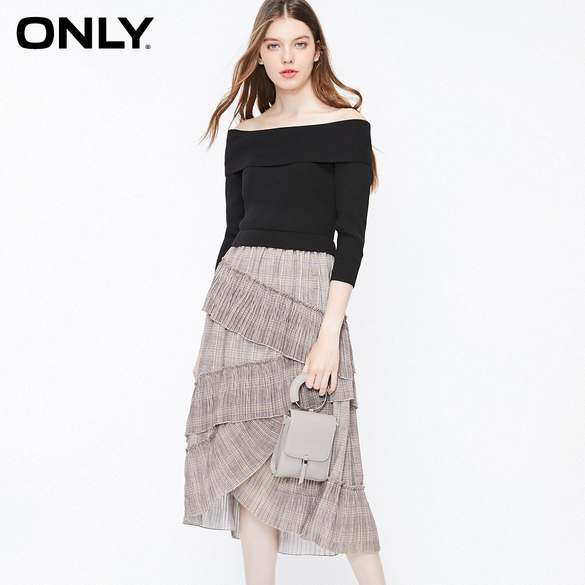 ONLY奥莱清仓秋季新款假两件一字露肩拼接针织连衣裙女|119346508