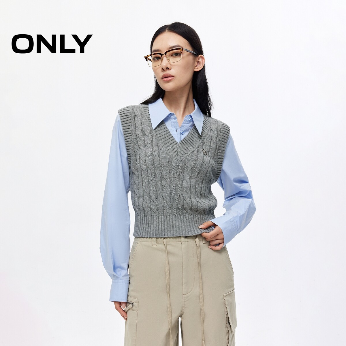 【ONLY奥莱】春夏新款文艺拼接绞花针织马甲假两件衬衫女