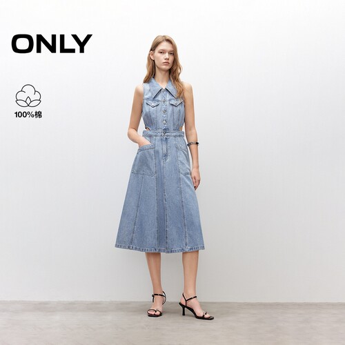 ONLY高腰翻领无袖牛仔连衣裙