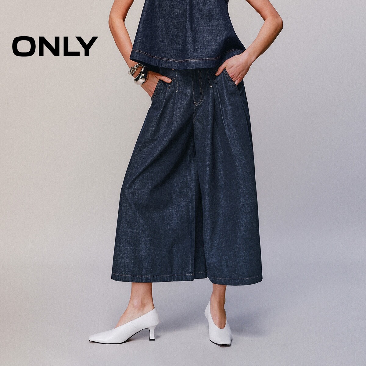 ONLY2026春季新款复古显瘦腰身剪裁高腰短裤七分裤阔腿牛仔裤