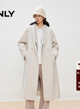 【ONLY奥莱】春季新款双面呢含绵羊毛翻领长款系带纯色毛呢大衣女