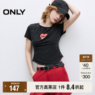 短袖 修身 春夏爱心图案磨白做旧面料圆领插肩袖 T恤女 ONLY奥莱