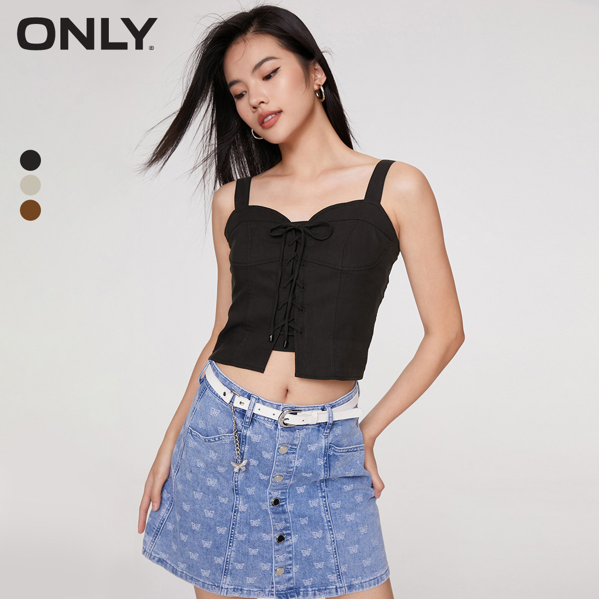 【ONLY奥莱】夏季新款时尚辣妹修身绑带短款吊带T恤女