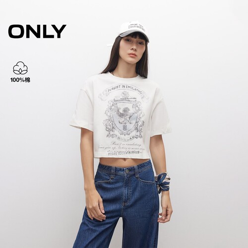 ONLY印花圆领落肩宽松短款T恤